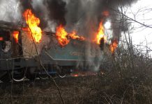 Locomotiva unui marfar, cuprinsă de flăcări! Pompierii au intervenit de urgență