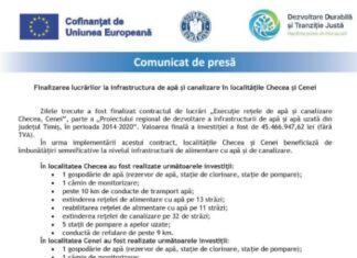 Finalizarea lucrărilor la infrastructura de apă și canalizare în Checea și Cenei